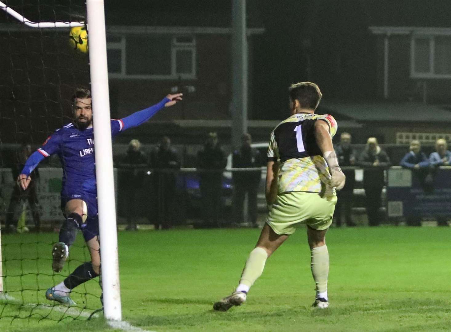 Player-manager Ben Greenhalgh is on his own goal-line as the Hoops are denied a dramatic late leveller in Margate’s 1-0 Isthmian South East victory last Tuesday. Picture: Paul Willmott