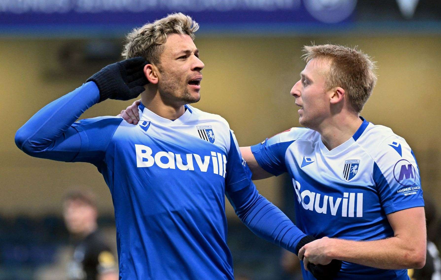 Macauley Bonney celebrates the opener during Gillingham’s win over Charlton on Saturday. Picture: Keith Gillard