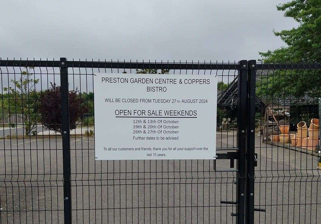 The sign on the gates of Preston Garden Centre near Wingham