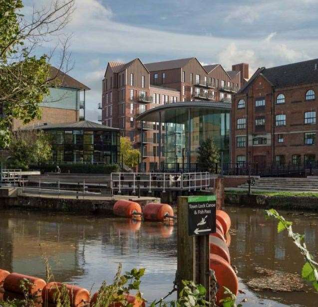 An artist's impression of how the flats will appear in views from Tonbridge Town Lock - its the building in the centre of the image