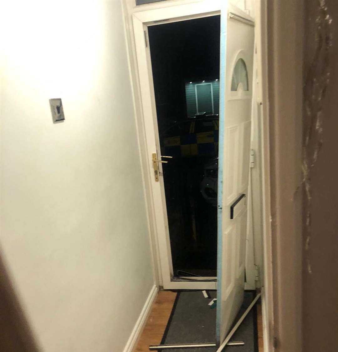 Anna Marie Snell had her front door smashed off its hinges in Springhead Road, Northfleet. Picture: Anna Marie Salt