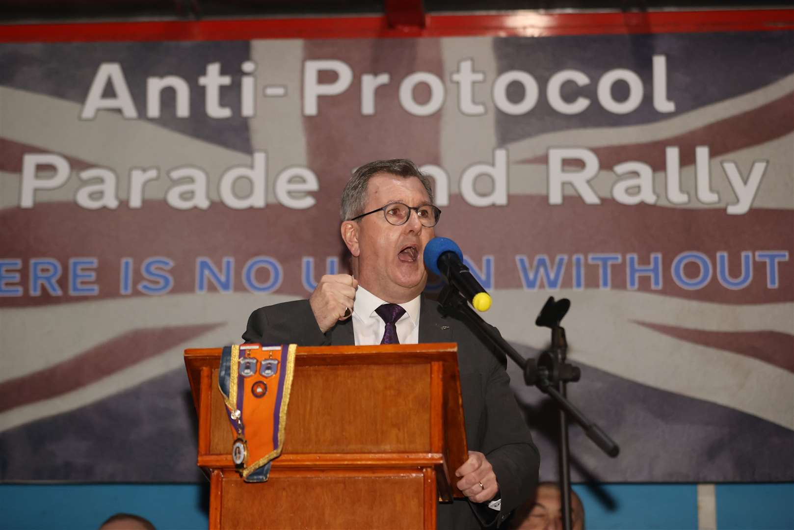 Sir Jeffrey Donaldson speaks during an anti-protocol rally in Ballymoney, Co Antrim (Liam McBurney/PA)