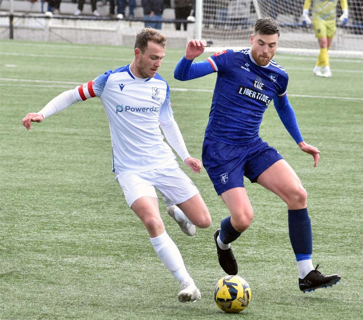 Margate defender Lewis Knight closes down Enfield captain Mickey Parcell. Picture: Randolph File