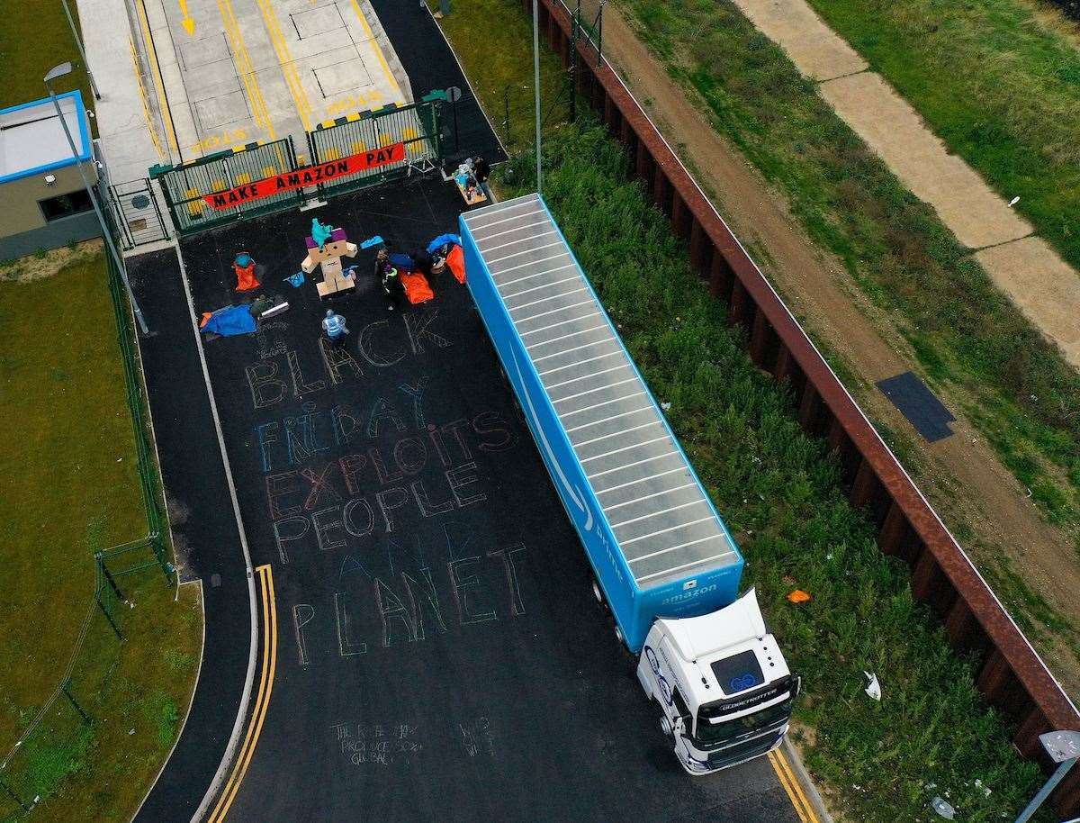 Protesters at the Amazon depot in Dartford. Picture: UKNIP