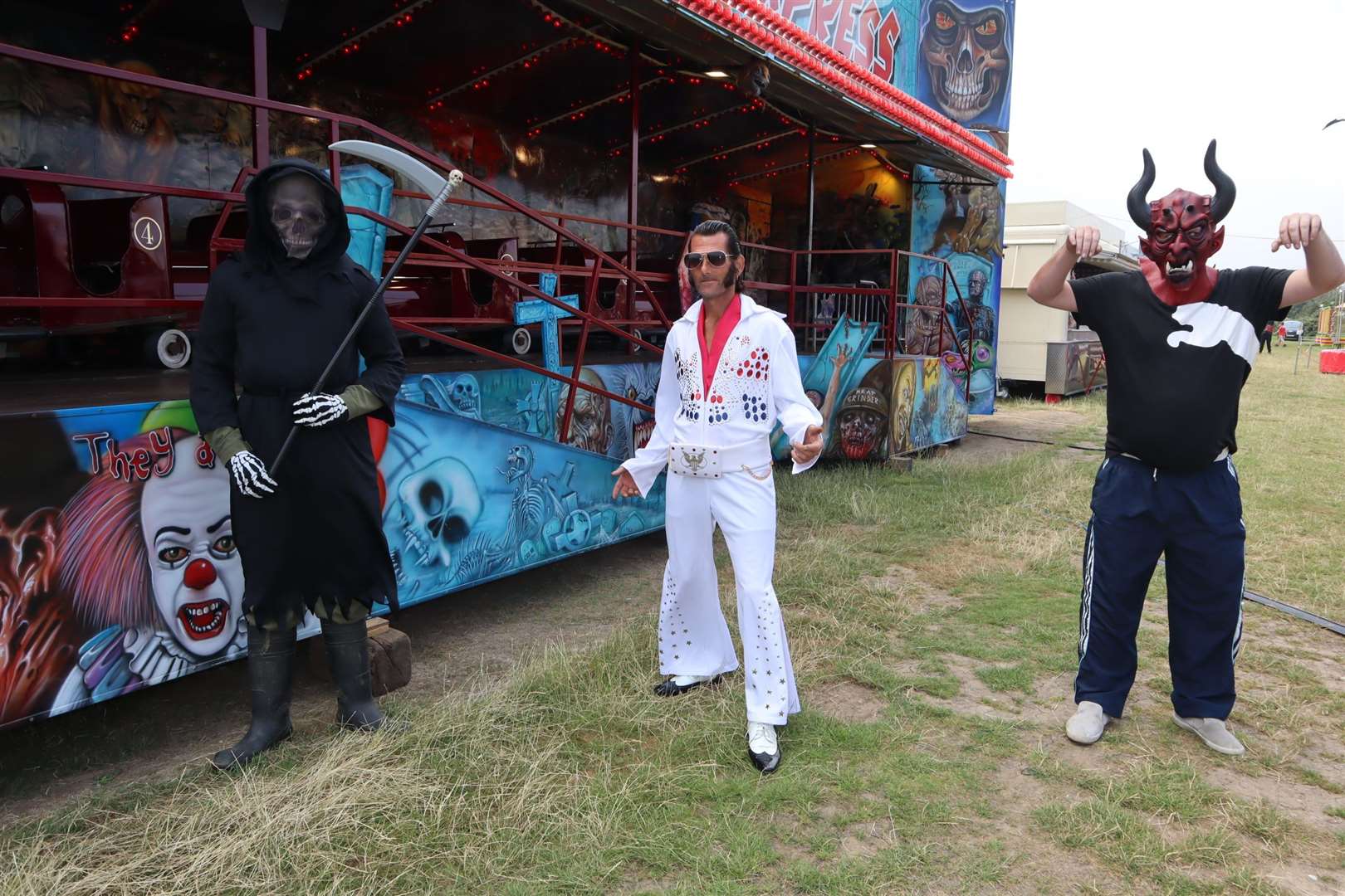 Terrible trio: Death (Oscar Bennett), Elvis (Daniel Aylwin) and the Devil (Steve Gibbs) have all found work on the Graveyard Express ghost train at Leysdown, Sheppey