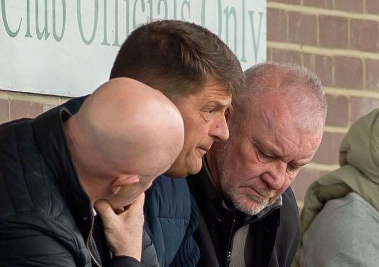 Interim manager Alan Walker and assistant Darren Hare watch Ashford United’s 1-0 weekend win against Littlehampton from the stands. Picture: Ian Scammell