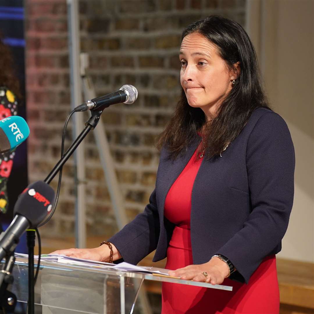 Department of Culture and Media minister Catherine Martin speaking at the Smock Alley Theatre in Temple Bar. (Niall Carson/PA)