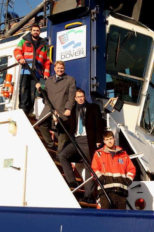 Electrician Joe Ward; Tim Waggott, Chief Executive at the Port of Dover; Graham Razey, Principal of East Kent College; and apprentice Thomas Biggington.