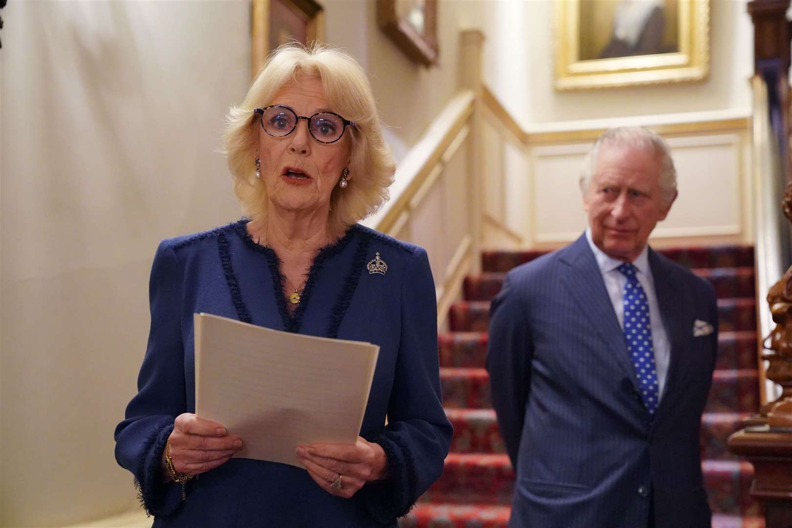 The Queen Consort was joined by King Charles III as she speaks while hosting a reception at Clarence House in London (Jonathan Brady/PA)