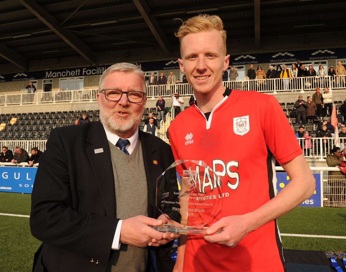 Tom Fitzgerald collects the man-of-the-match award following Chatham's Kent Senior Trophy success Picture: Steve Crispe