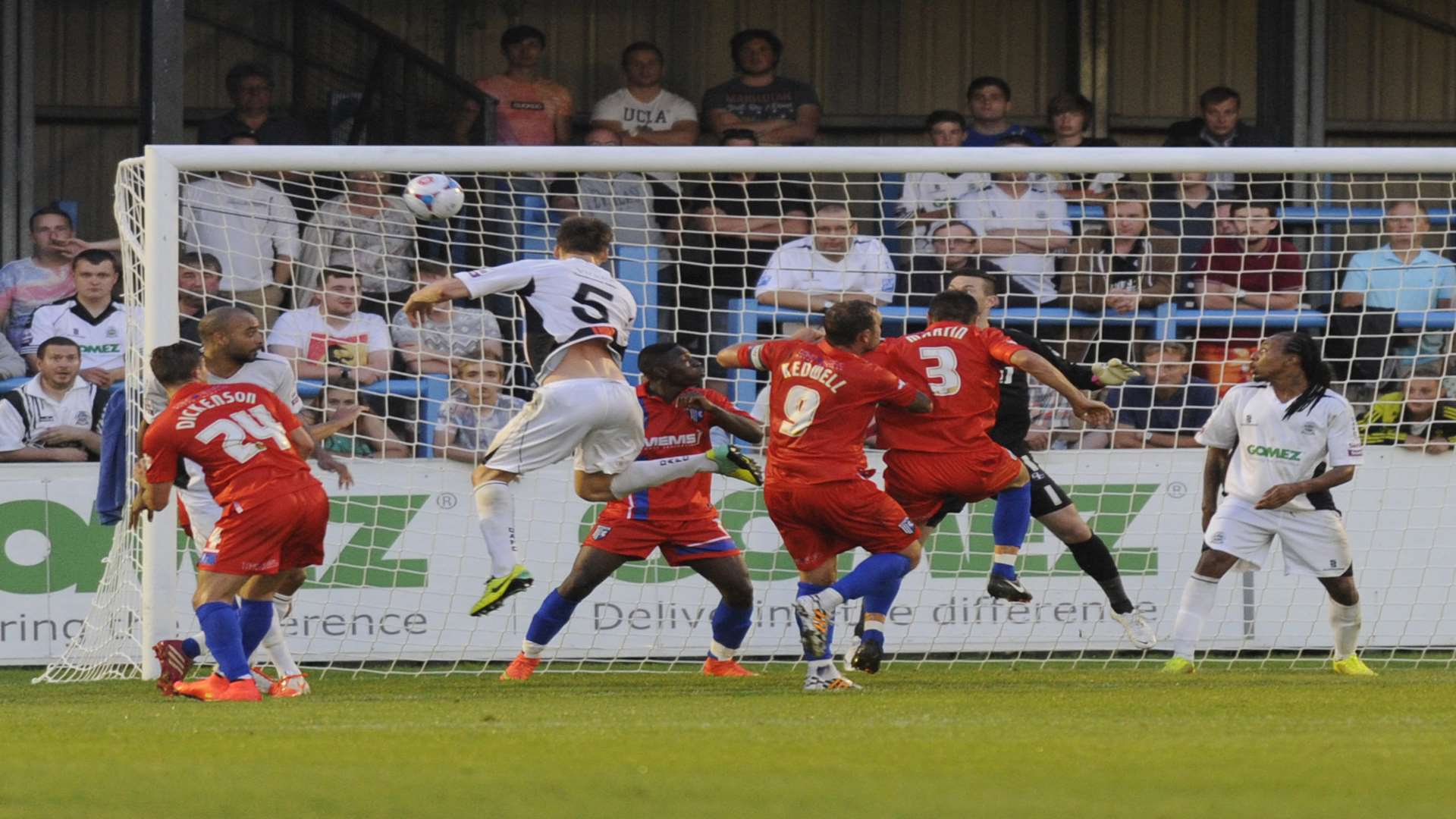 Dover defender Sean Raggett heads the winner against Gillingham at Crabble last season Picture: Tony Flashman