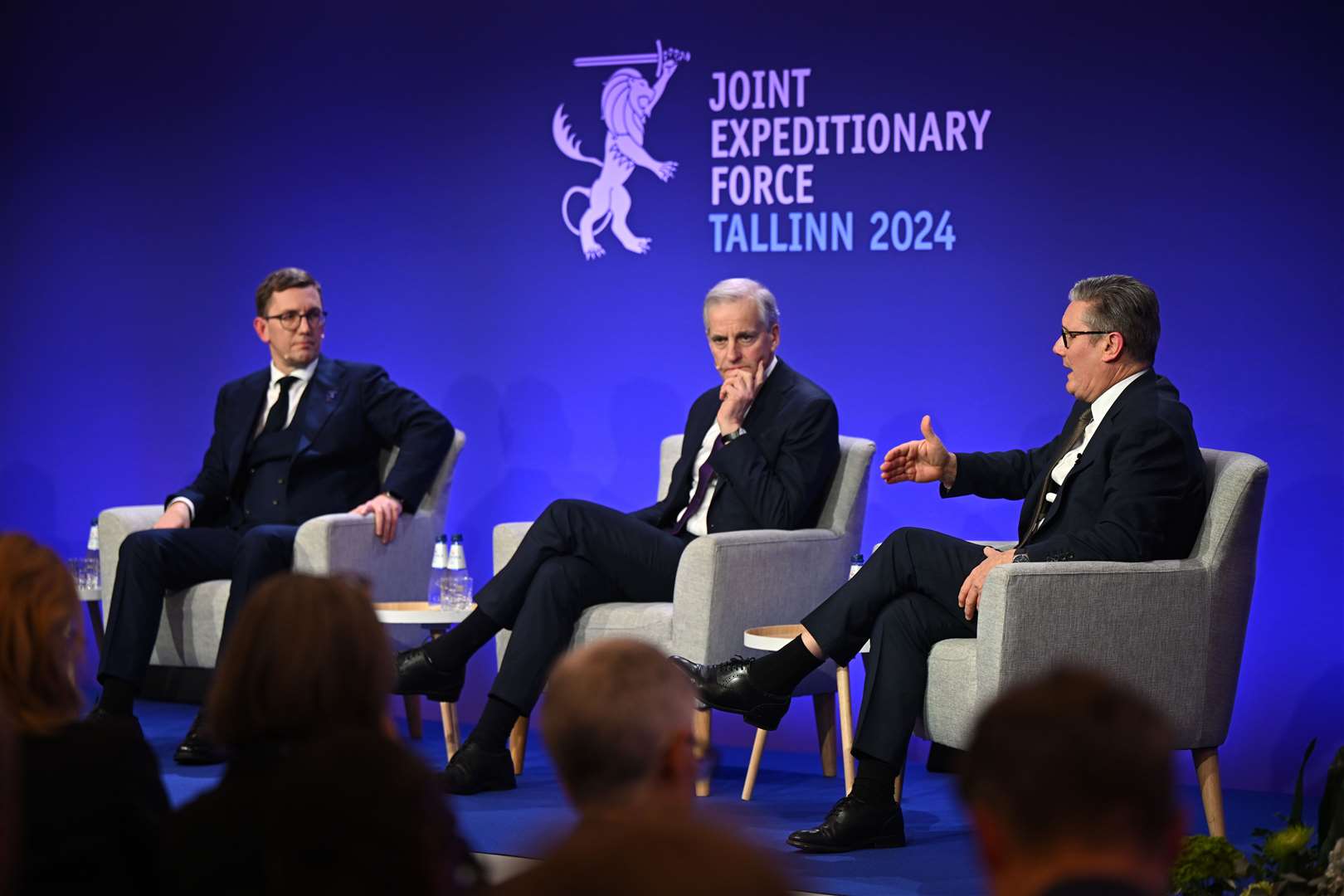 Prime Minister of Estonia Kristen Michal, Norwegian Prime Minister Jonas Gahr Store, and Sir Keir Starmer take part in the JEF Leaders’ Summit in Tallinn, Estonia (Leon Neal/PA)