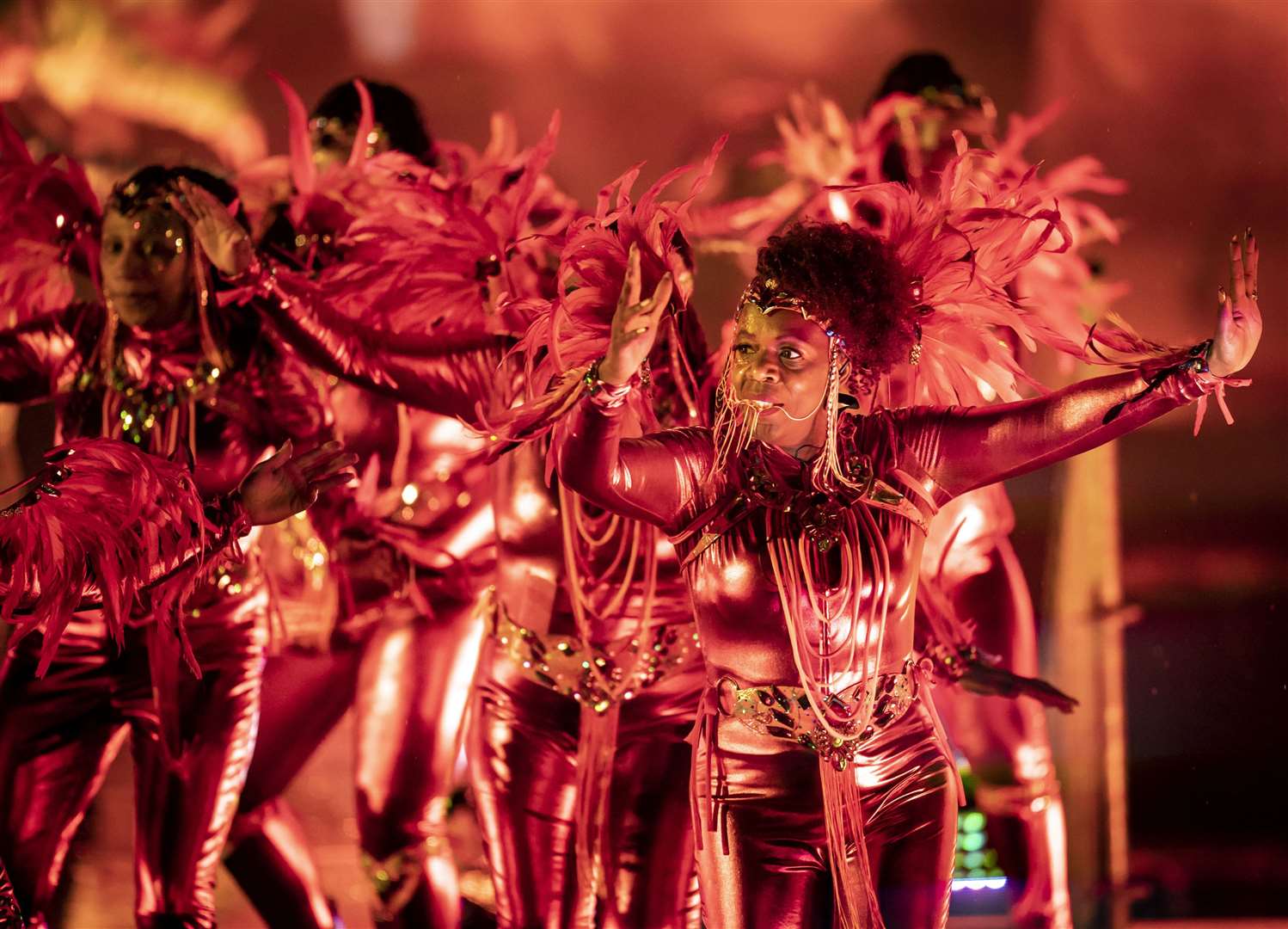 Carnival dancers perform on stage during The Awakening at Headingley Stadium in Leeds (Danny Lawson/PA)