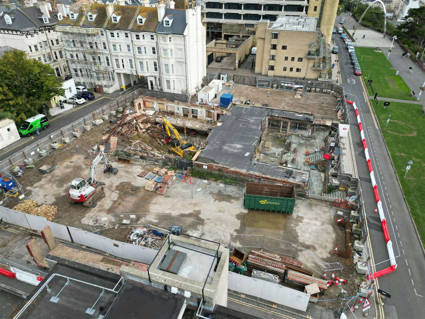 Demolition work taking place at the Leas Pavilion earlier this year. The Iceland car park is located behind the tall white buildings