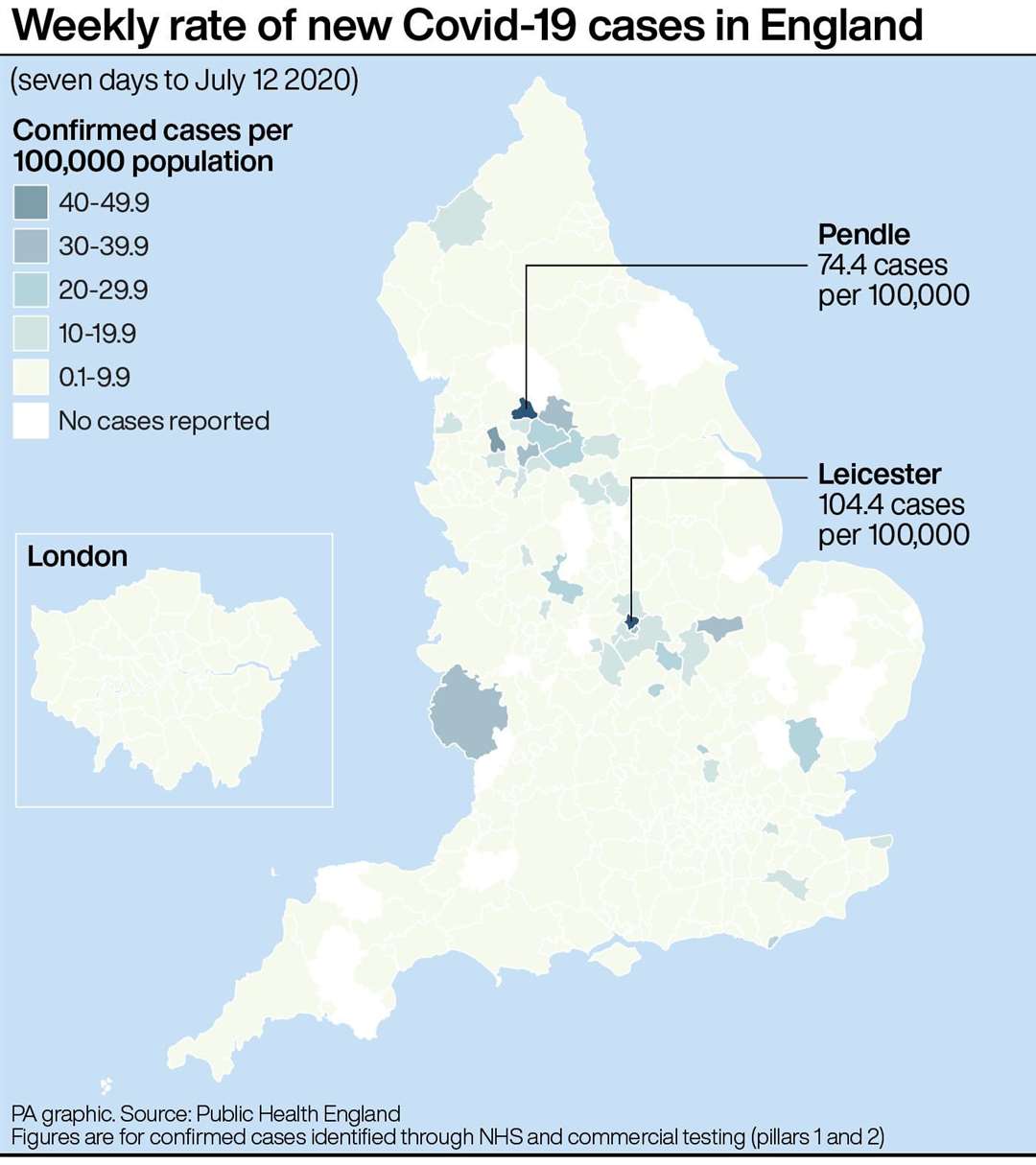 Weekly rate of new Covid-19 cases in England (Infographic PA Graphics)