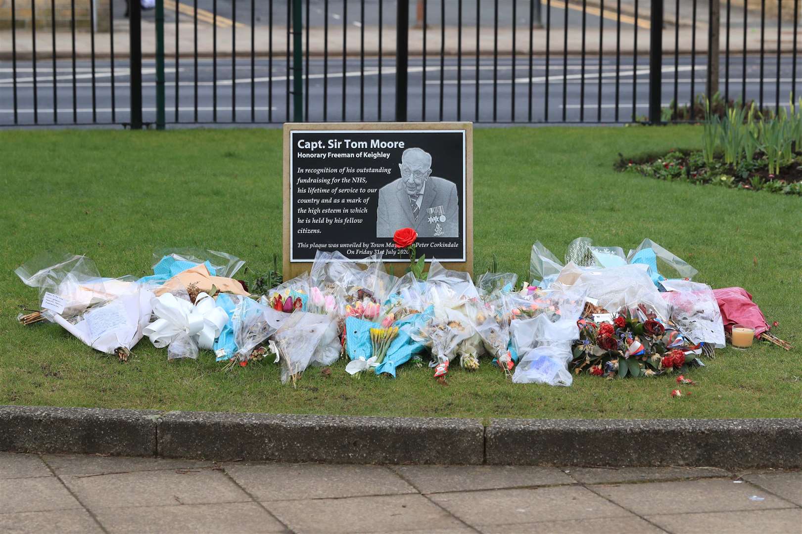 A memorial plaque in Keighley, West Yorkshire, birthplace of Captain Sir Tom Moore (Danny Lawson/PA)