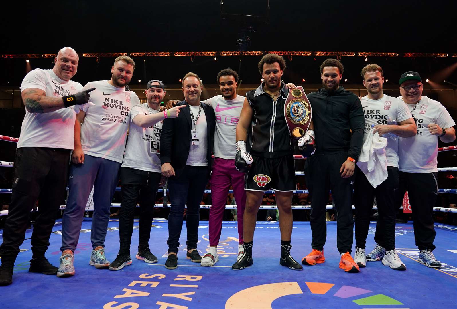 Moses Itauma and his team after winning the WBO Inter-Continental Heavyweight title Picture: Queensberry