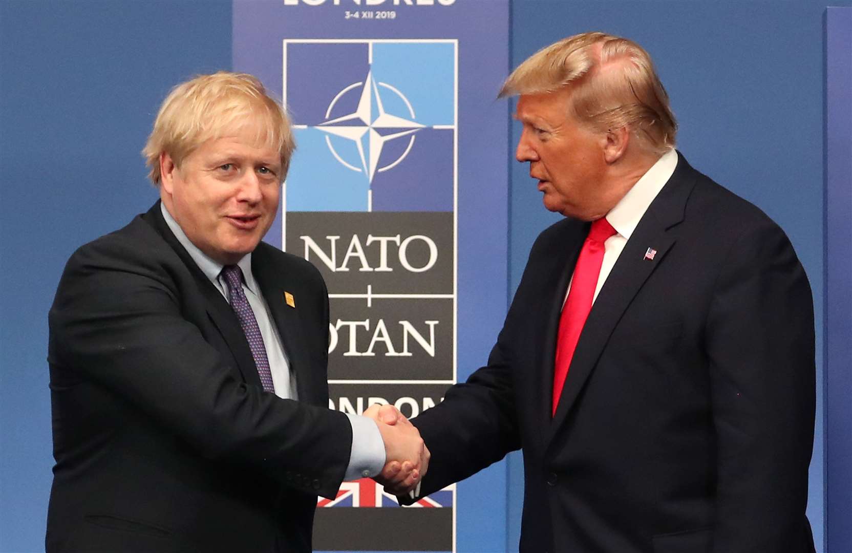 Prime Minister Boris Johnson (left) and US President Donald Trump pictured during their meeting at the annual Nato heads of government summit at The Grove hotel in Watford, Hertfordshire (Steve Parsons/PA)