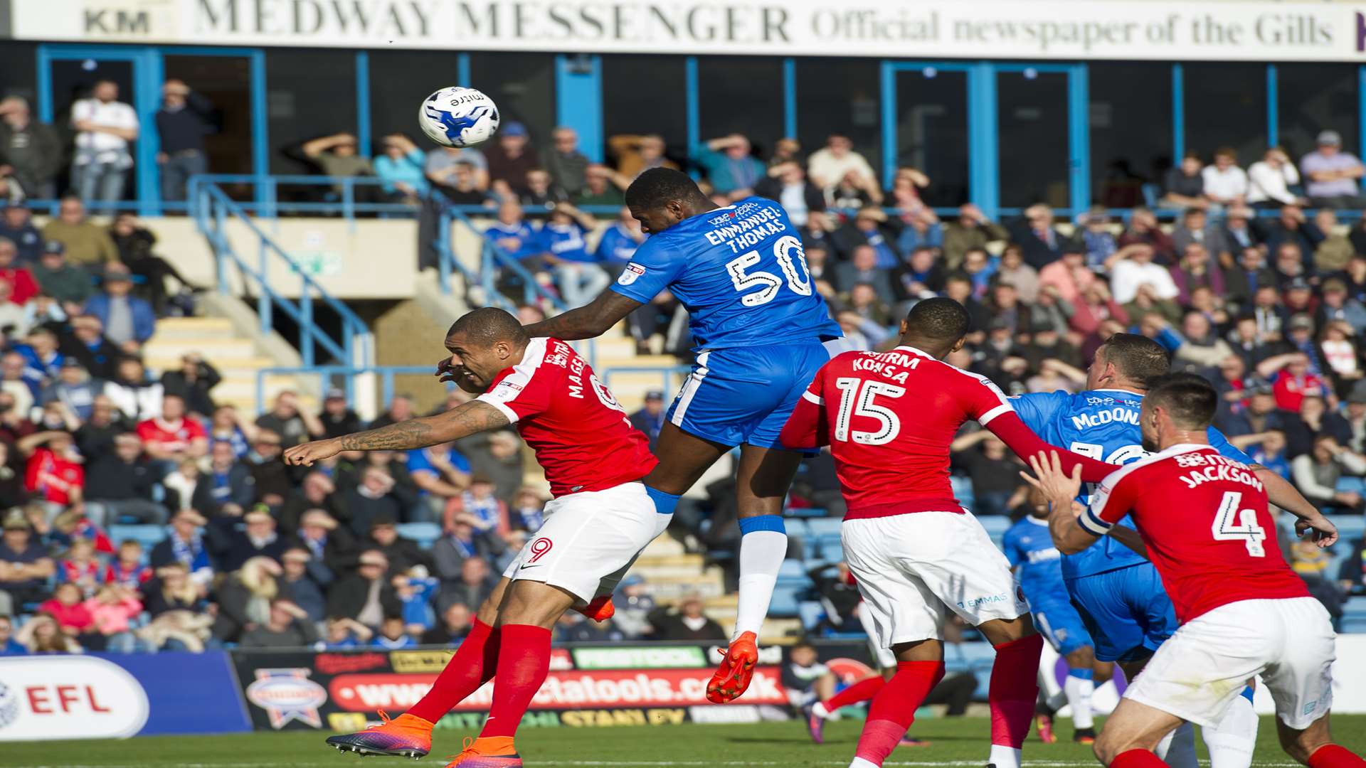 Jay Emmanuel-Thomas challenges for the ball Picture: Andy Payton