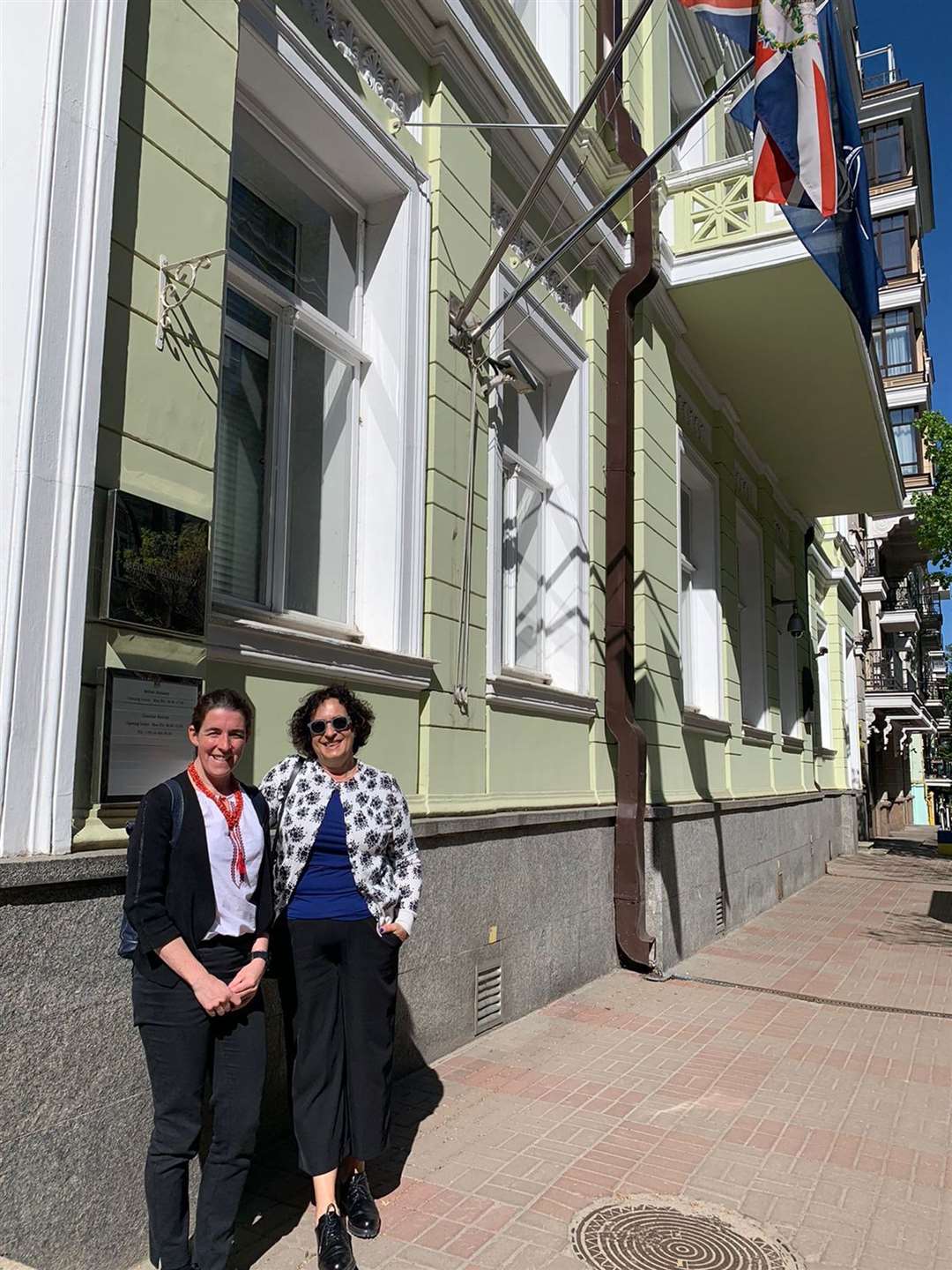 Welsh diplomat Kate Davenport, left, with the British Ambassador to Ukraine, Melinda Simmons, outside the British embassy in Kyiv (Foreign, Commonwealth and Development Office/PA)