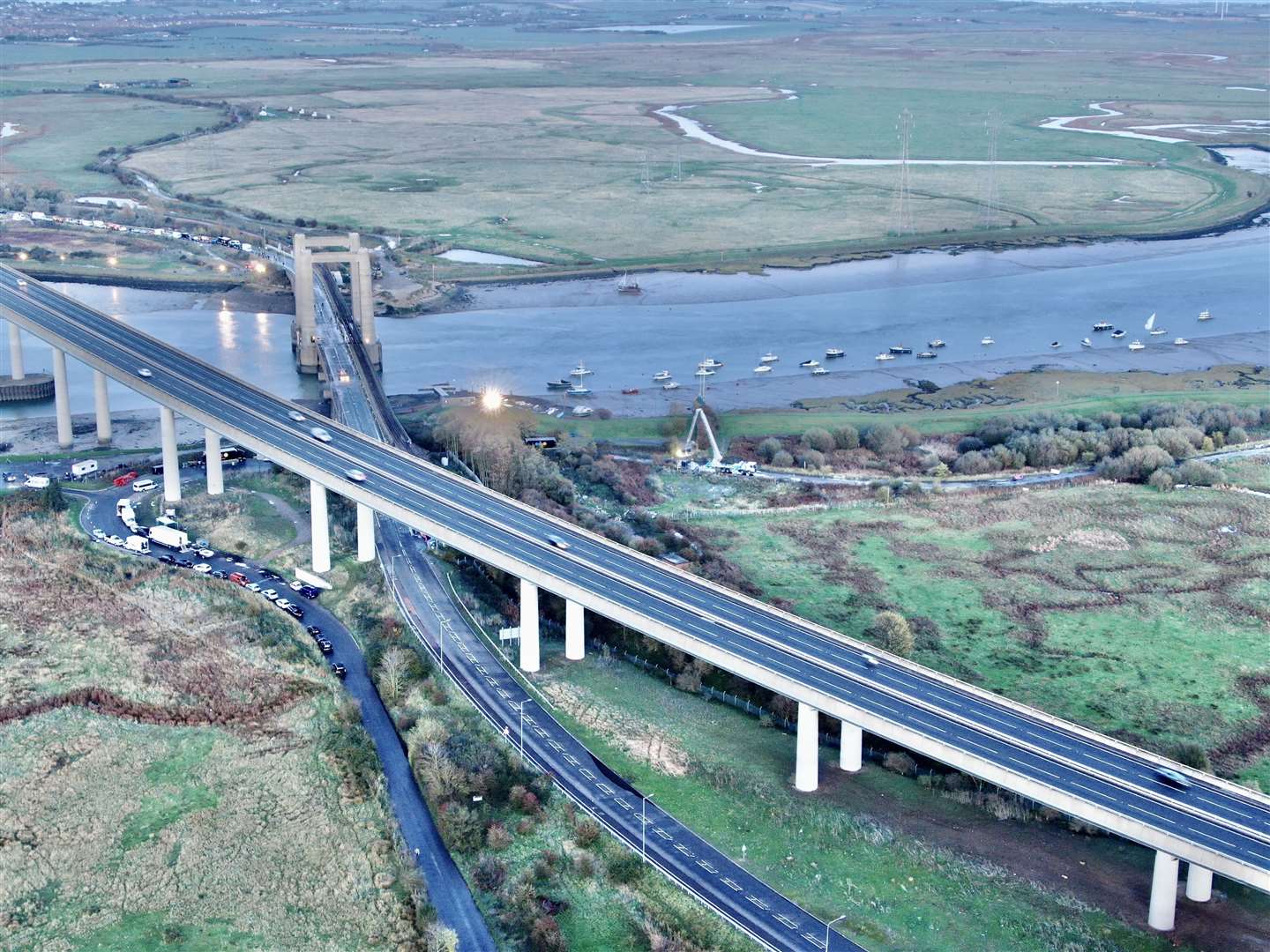 Kings Ferry Bridge on the Isle of Sheppey was closed to traffic so Snowed In Productions could film scenes for a new ITV thriller called Too Close. Drone picture: Phil Drew