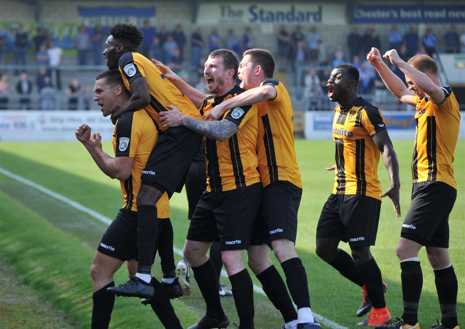 Chester v Maidstone. Stones celebrate Josh Hare's clincher. Credit Steve Terrell (1624796)