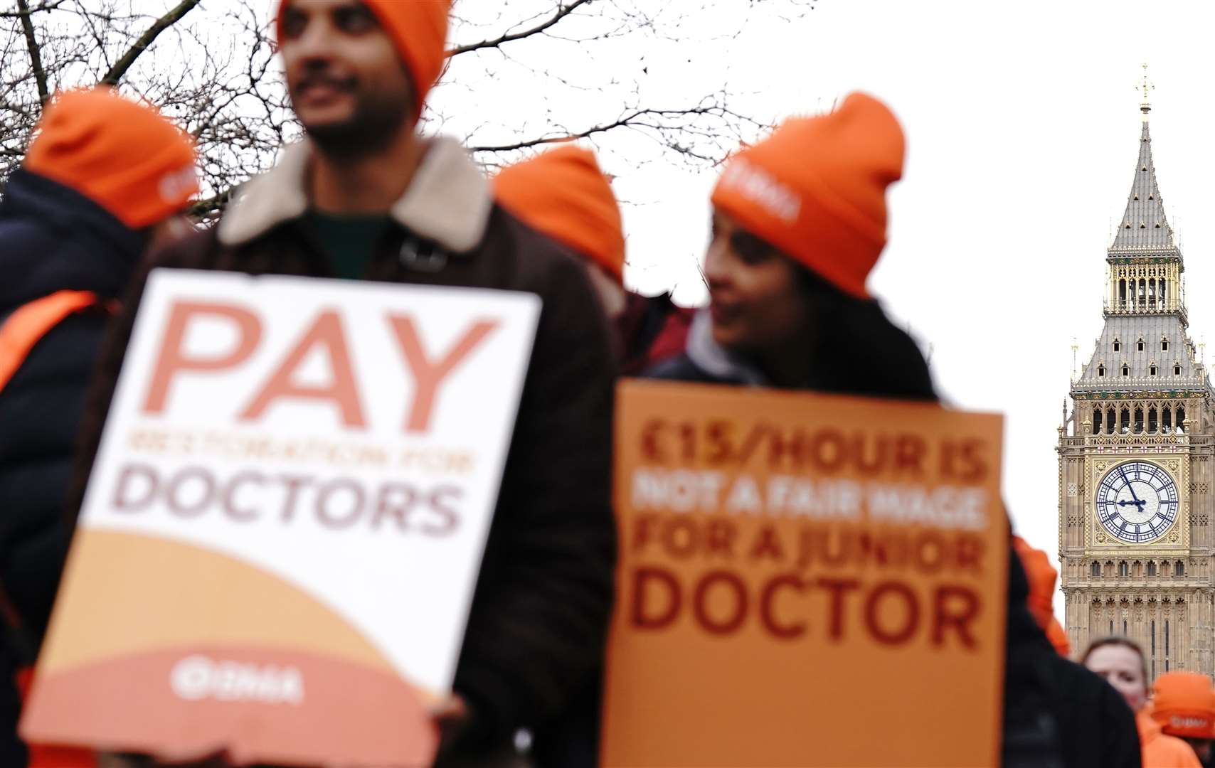 Junior doctors on the picket line outside St Thomas’ Hospital, central London in February (PA)