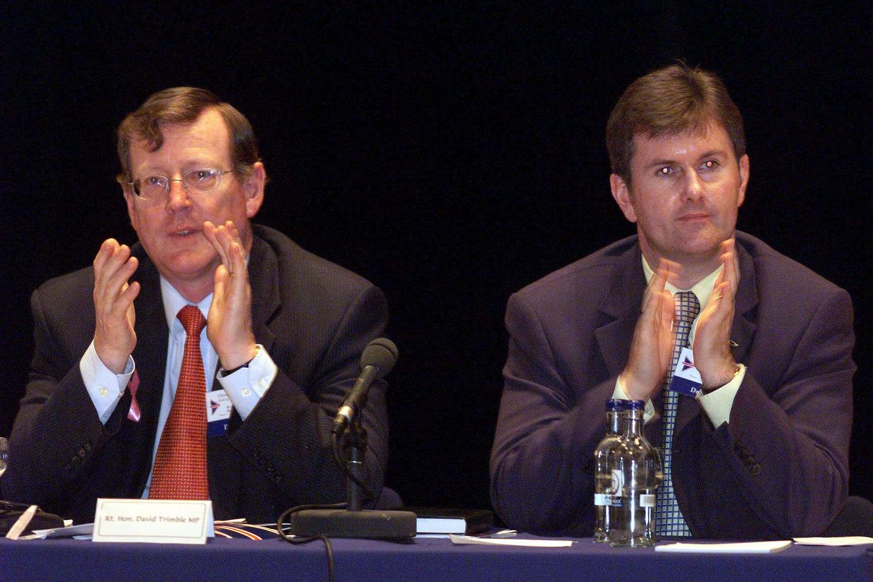 Former UUP leader David Trimble and Sir Jeffrey Donaldson at the party’s annual conference at the Waterfront Hall in Belfast (Paul Faith/PA)