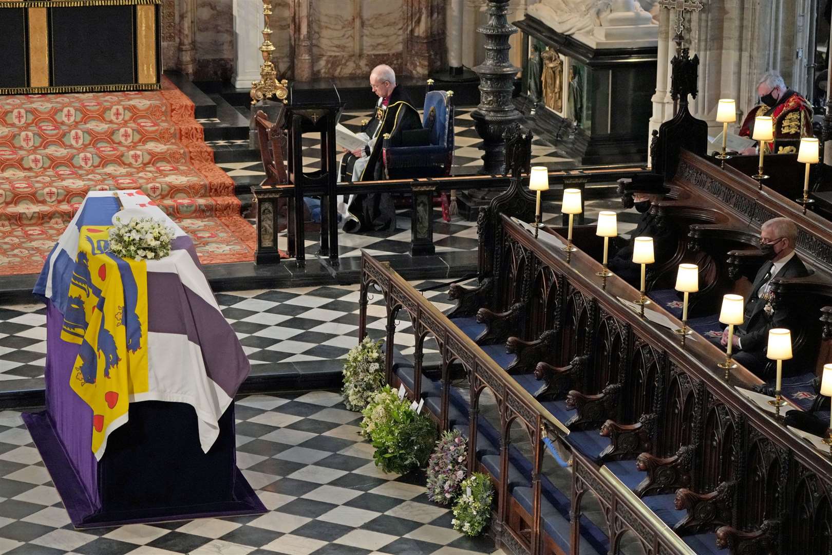 (left to right) Archbishop of Canterbury Justin Welby, the Queen and the Duke of York during the funeral of the Duke of Edinburgh in St George’s Chapel at Windsor Castle (Yui Mok/PA)