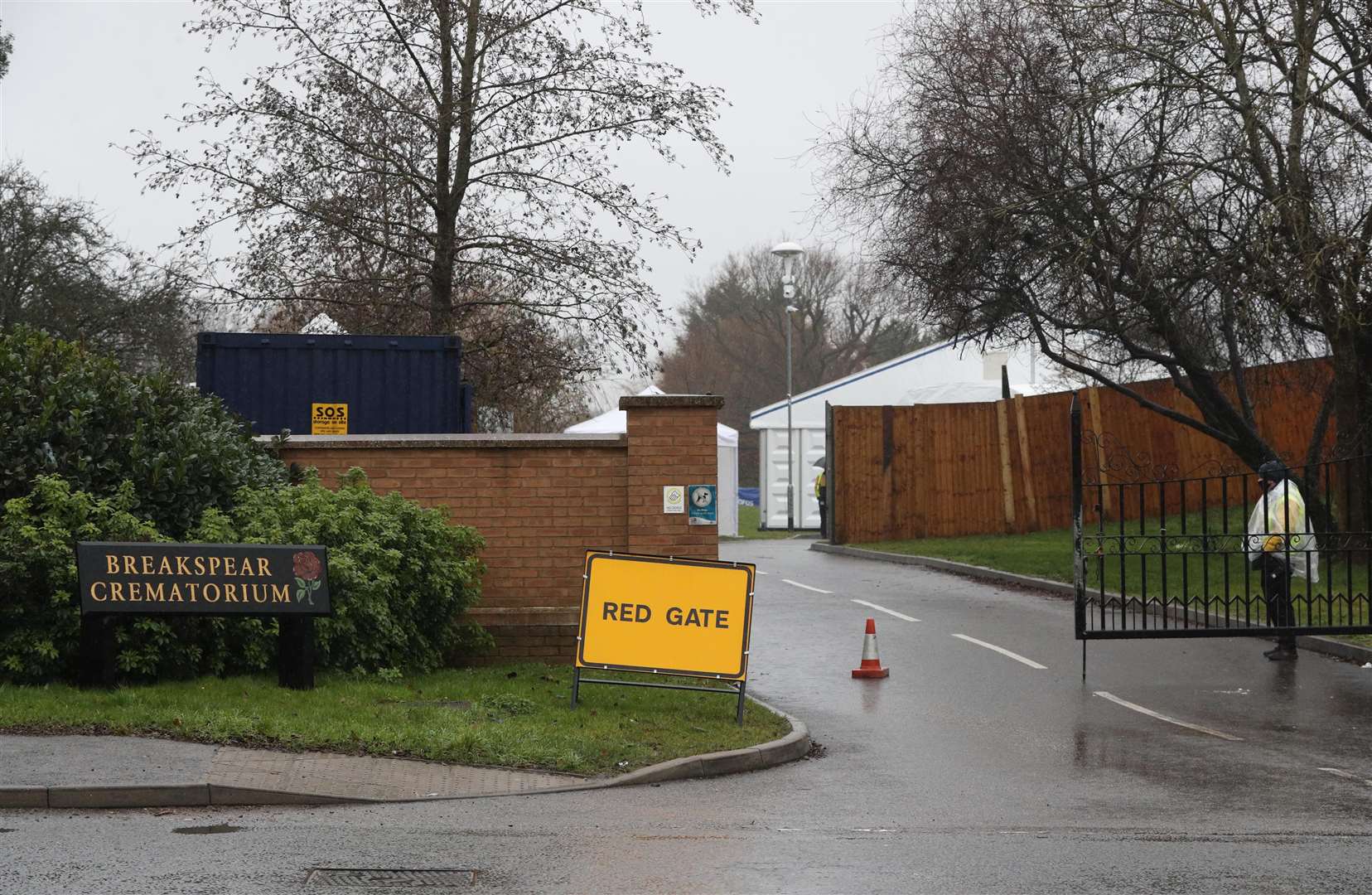 The entrance to the overflow mortuary at Breakspear Crematorium (Jonathan Brady/PA)