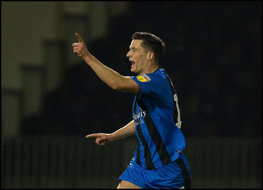 Callum Reilly celebrates his goal for Gillingham Picture: Ady Kerry