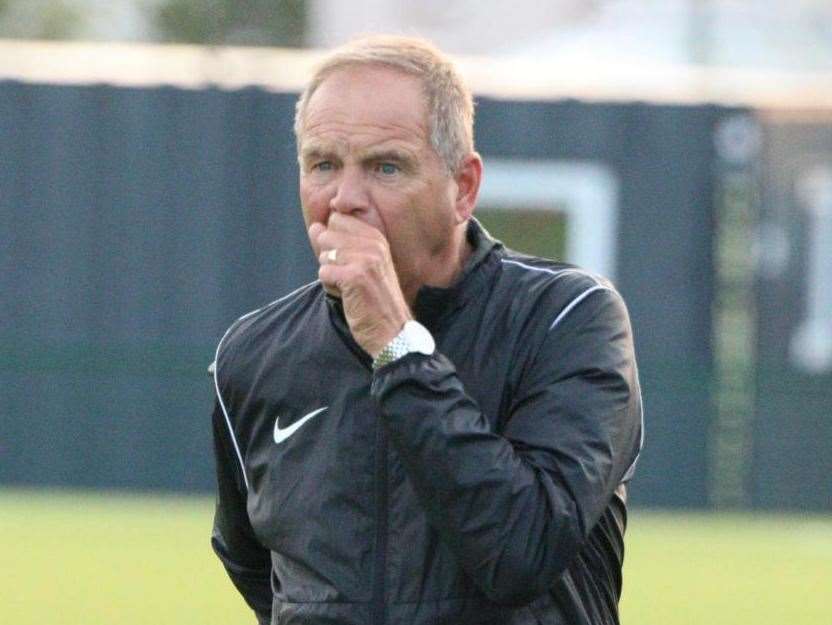 Herne Bay boss Steve Lovell watches on during last Tuesday’s 2-1 home friendly win against Tunbridge Wells. Picture: James Aylward