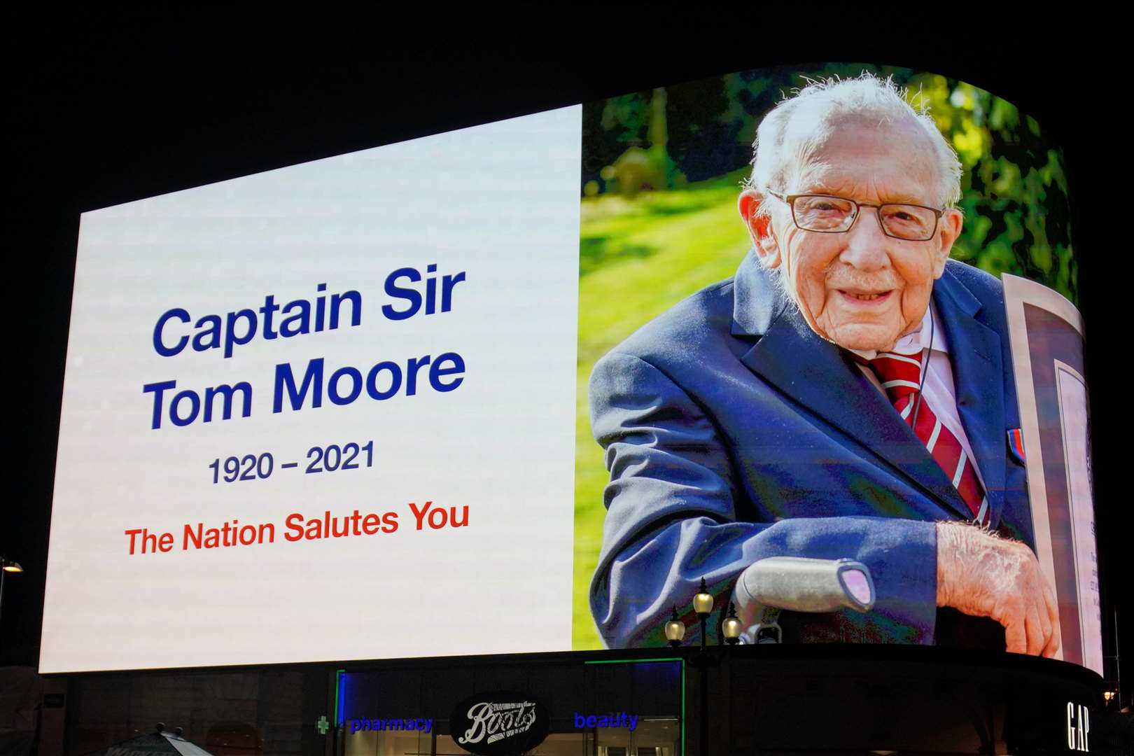 Tributes were paid across the country on Tuesday, including the Piccadilly Circus lights (Aaron Chown/PA)