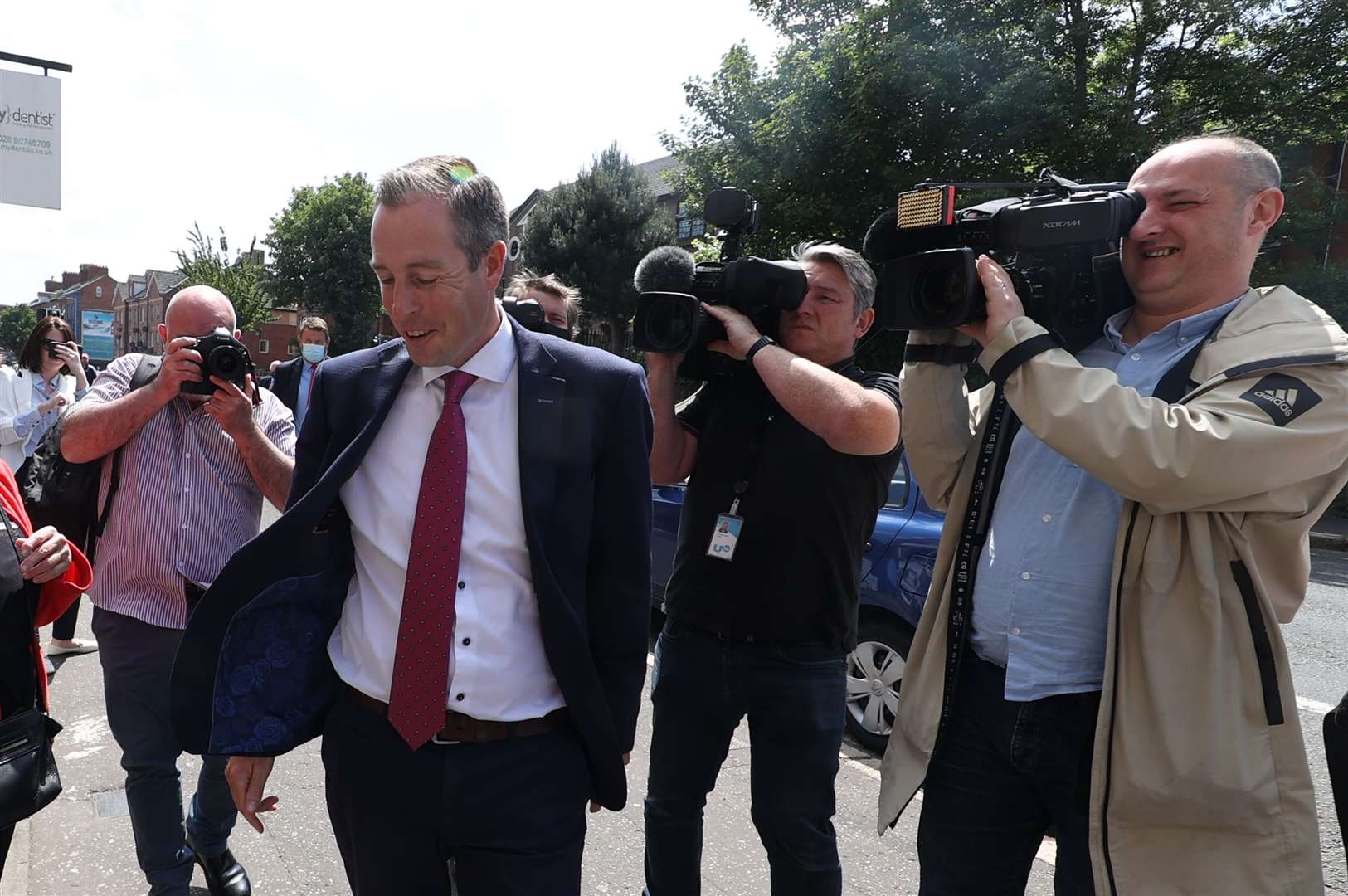 First Minister Paul Givan arrives for a visit to the PIPS Charity, north Belfast, in his first public engagement since taking office (Liam McBurney/PA)