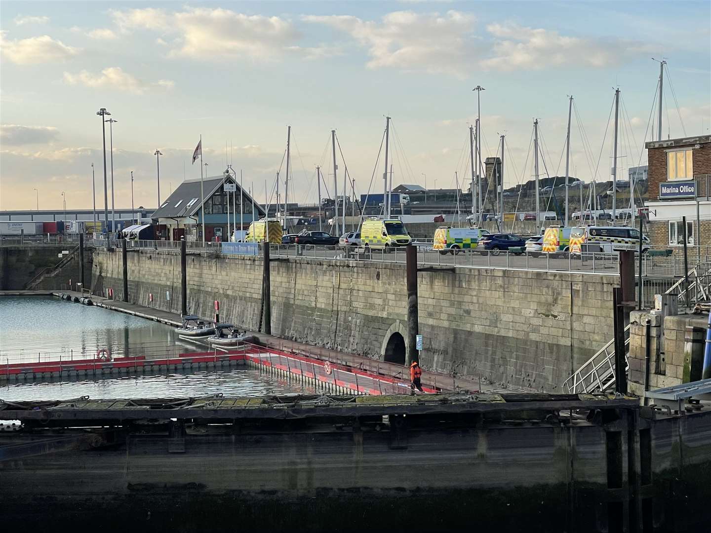 Emergency crews at the scene yesterday morning in Dover