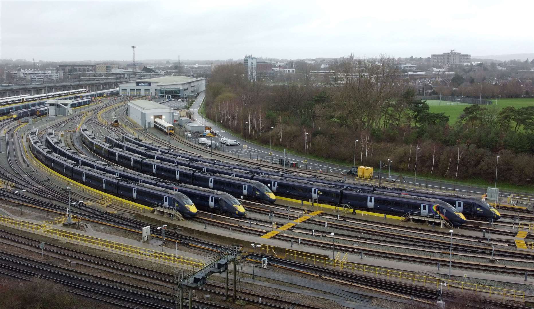 Southeastern Railway high-speed trains in sidings at Ashford International Station in Kent (Gareth Fuller/PA)