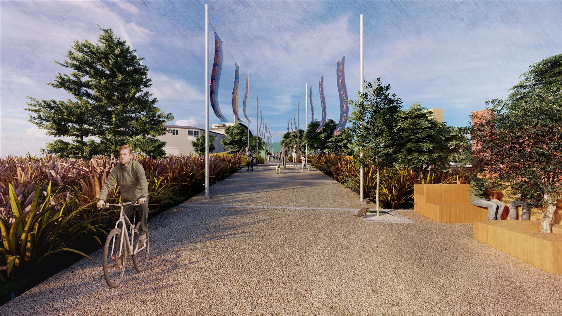 12 new flag poles hanging banners from steel cables have been proposed