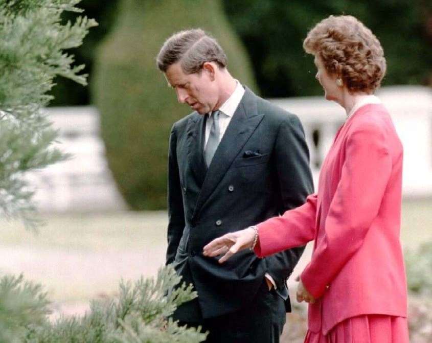 Ireland’s President Mary Robinson shows Britain’s Prince of Wales a tree planted by Queen Victoria during a tour of the grounds of her official residence (Martin Keene/PA)