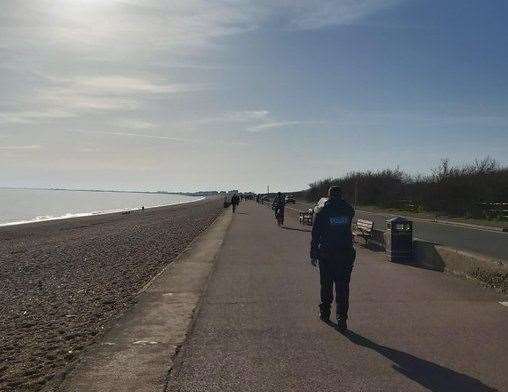 Police patrolling Hythe seafront, where they interrupted a BBQ