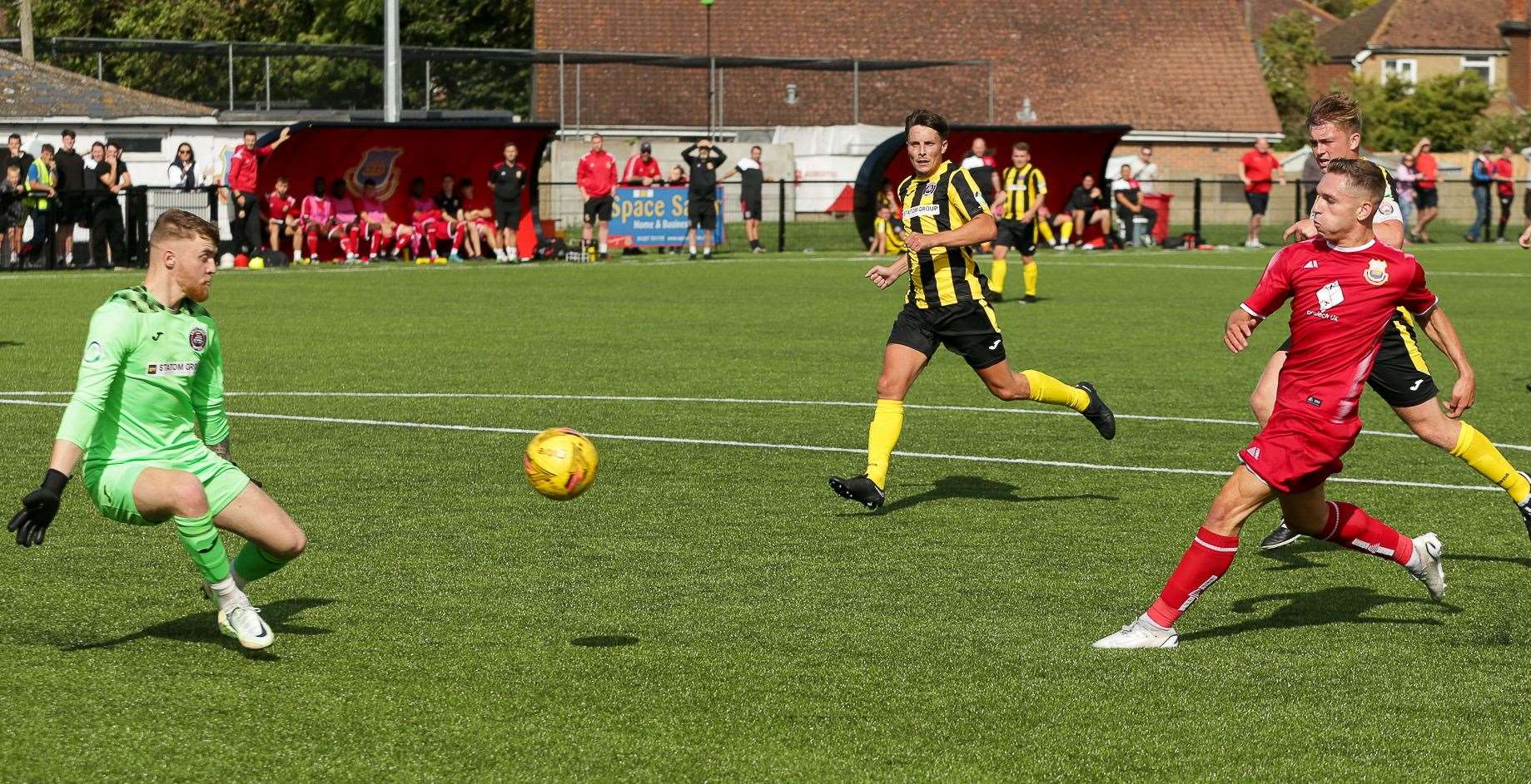 Whitstable midfielder Josh Oliver scores his second in their opening-day 2-0 Southern Counties East Premier Division win over Erith Town on Saturday. Picture: Les Biggs