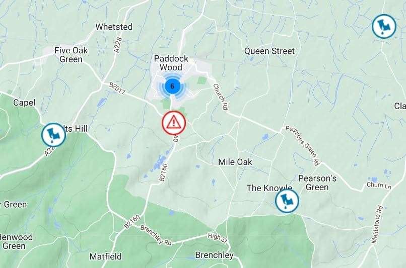 Burst water pipe at Paddock Wood. Map by South East Water