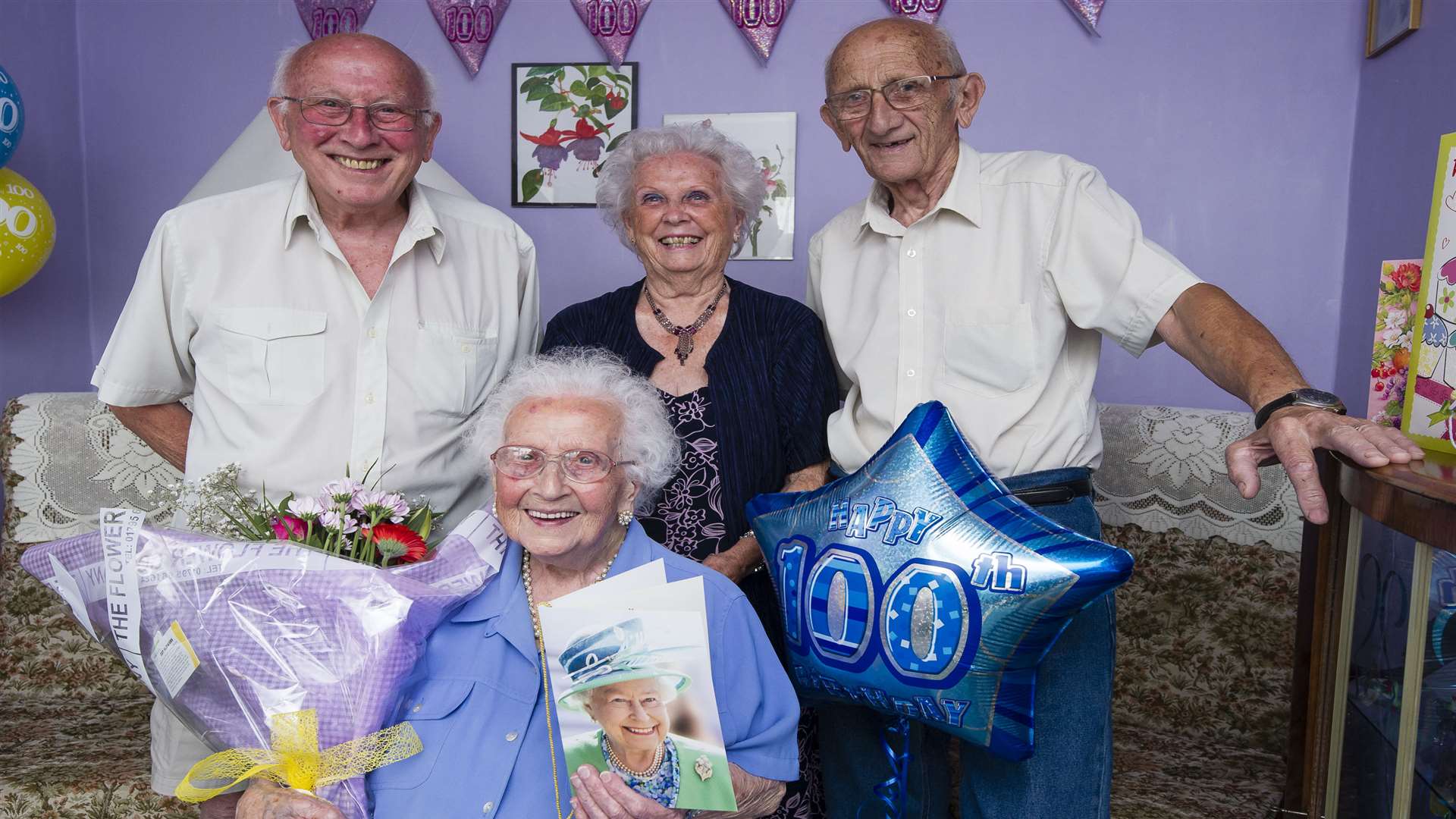 Madge with her card and children from left, Lionel Lees, Sylvia King and Les Lees