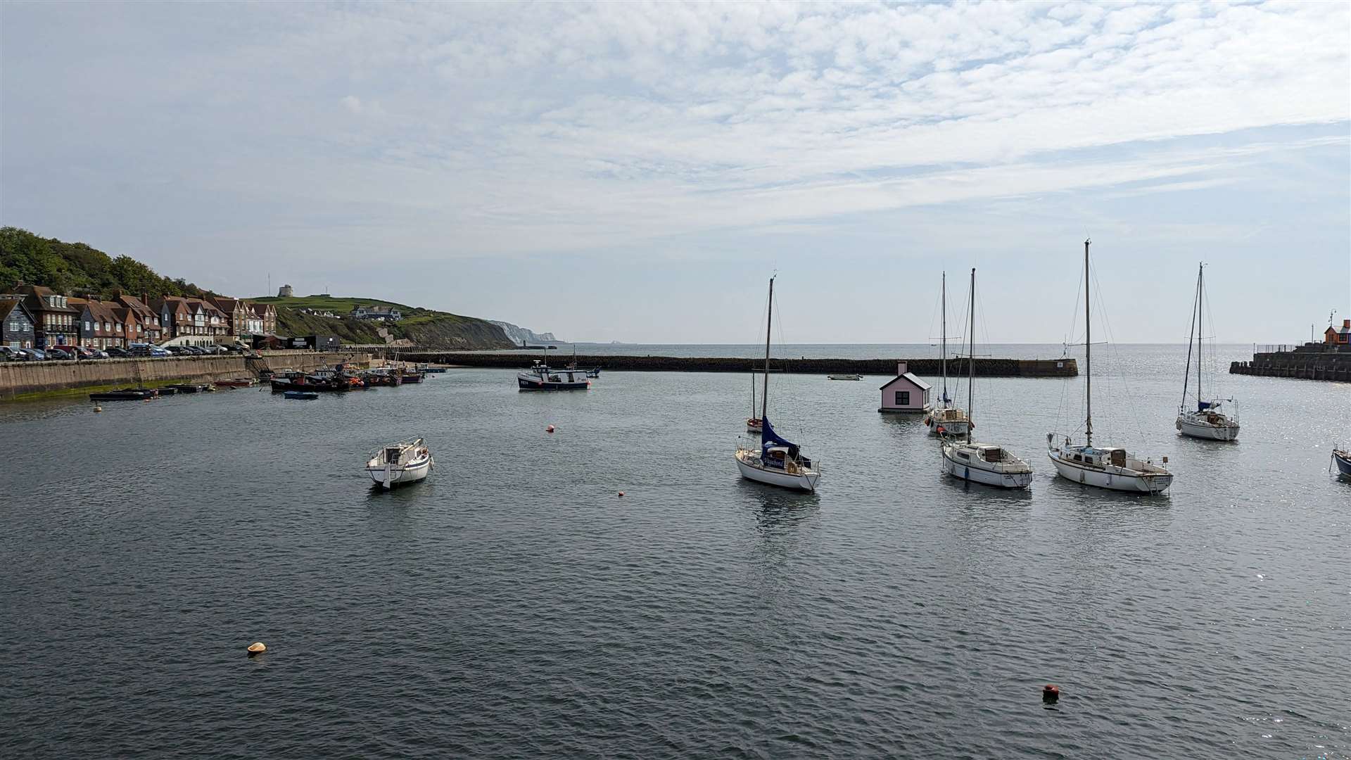 The view eastward across Folkestone Harbour towards Dover