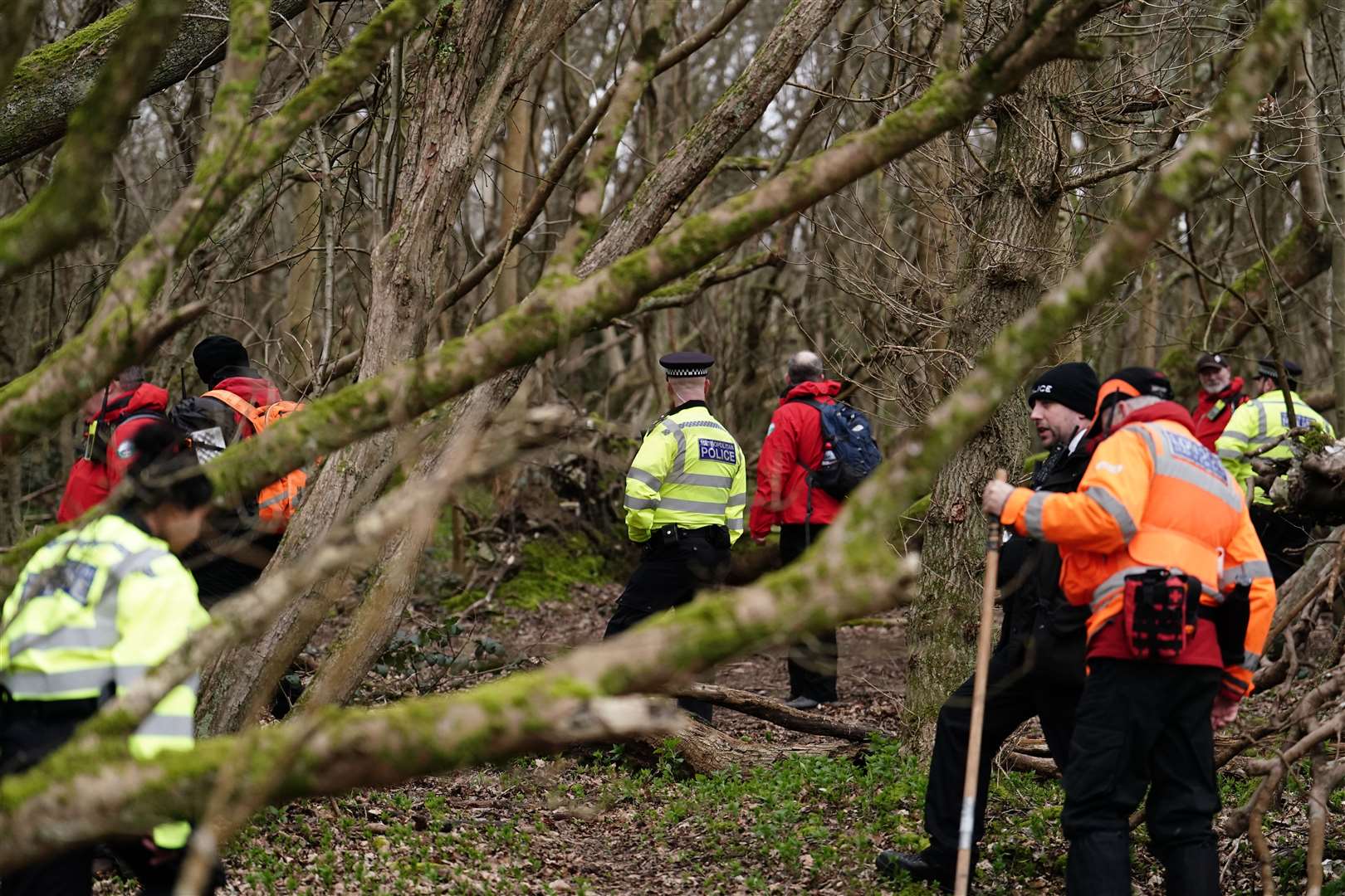 Metropolitan Police officers and staff from London Search and Rescue could be seen searching woodland on Wednesday (Jordan Pettitt/PA)