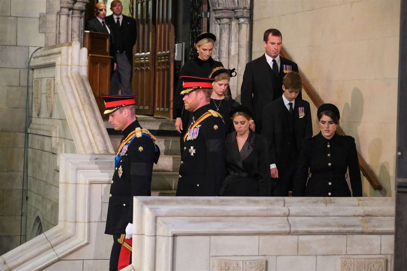 The Queen’s grandchildren arrive to hold a vigil beside the coffin of their grandmother (Ian McIlgorm/Mail On Sunday/PA)