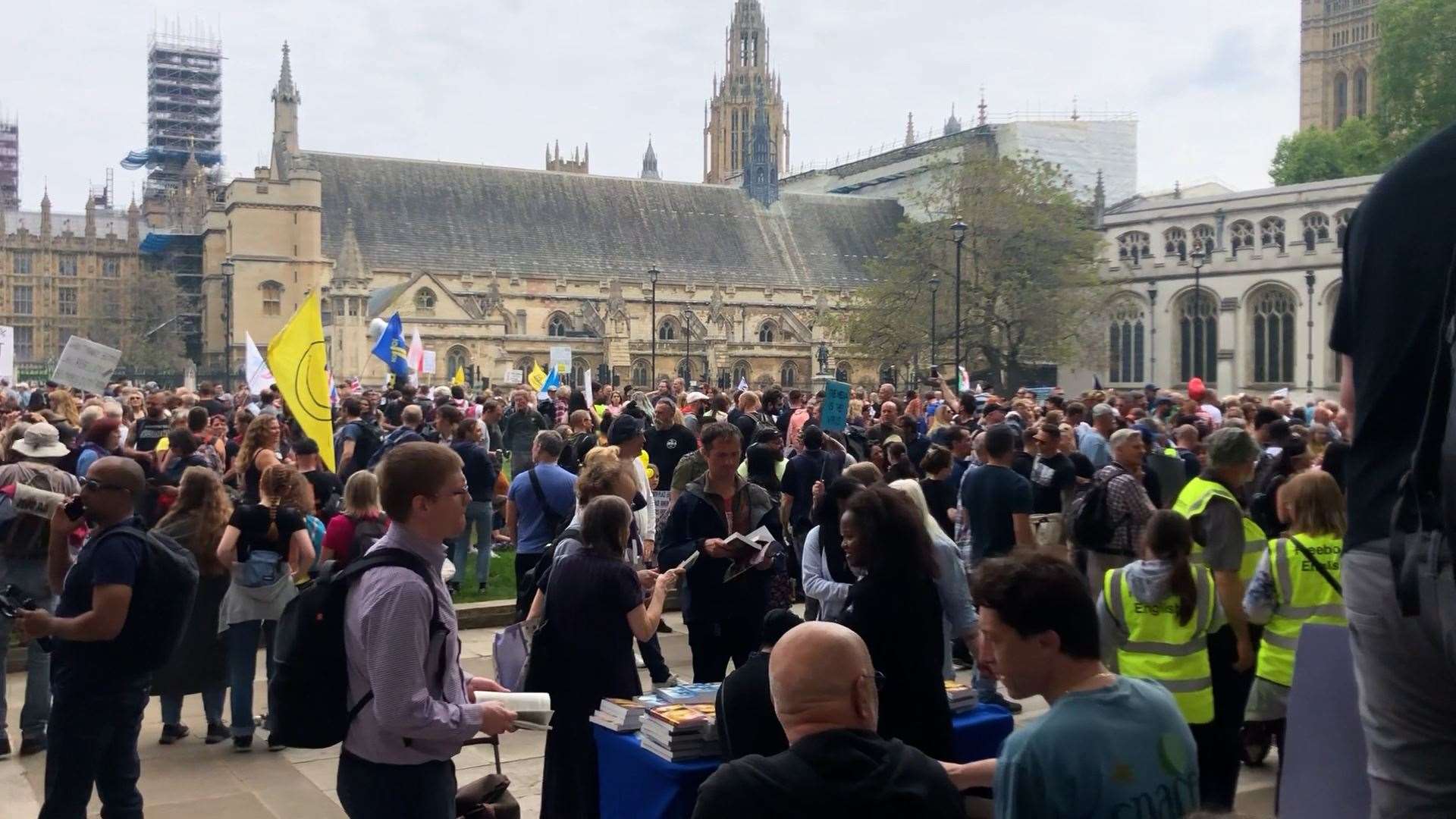 People take part in an anti-vaccine protest in Parliament Square (Tess De La Mare/PA)