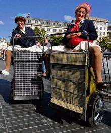 Granny Doris and Granny Mary ready to race through the town in Granny Turismo