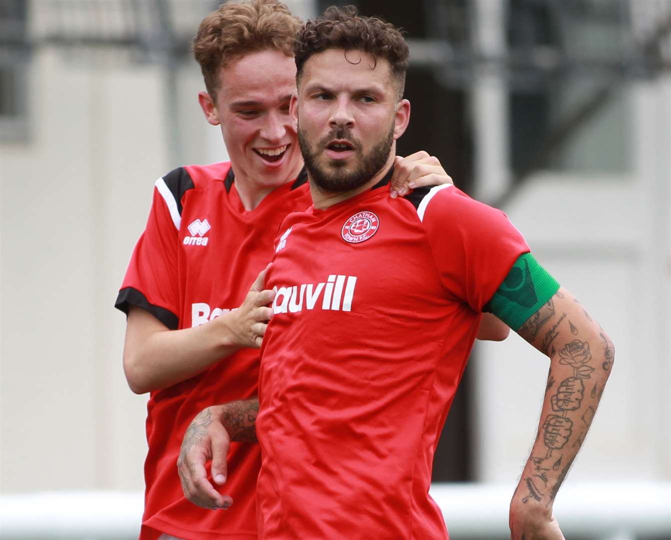 Hat-trick hero Paul Vines is congratulated after scoring for Chatham Picture: John Westhrop