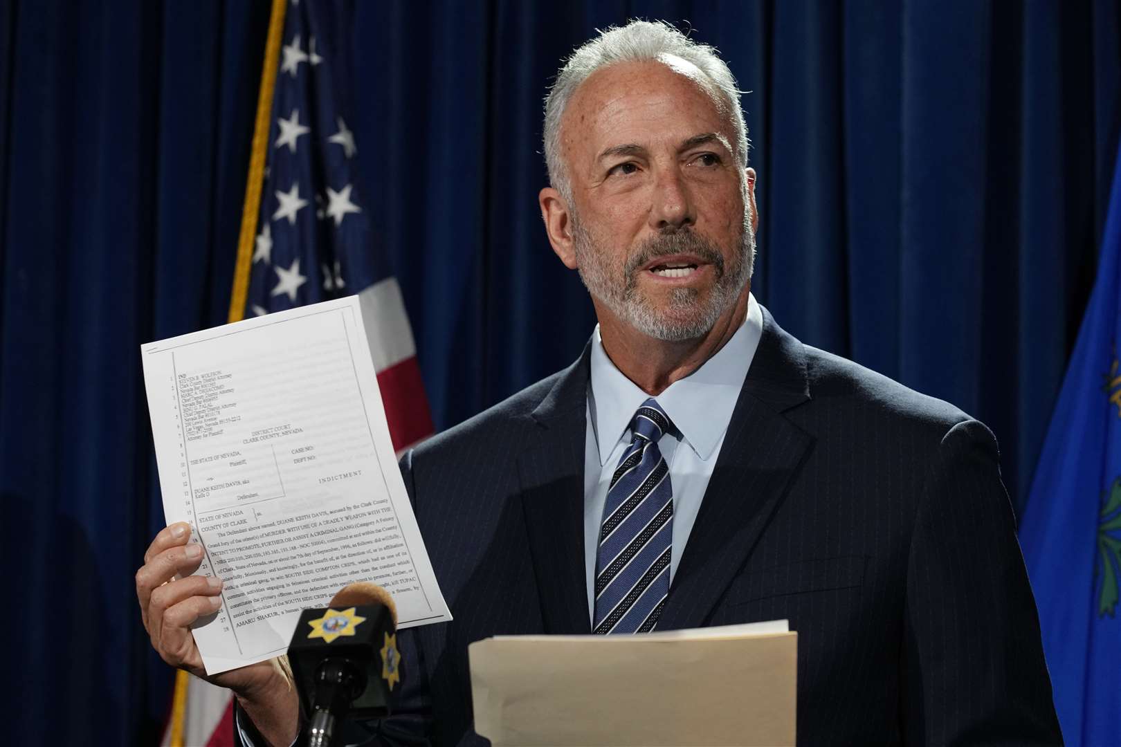 Clark County district attorney Steve Wolfson speaks during a news conference on an indictment over the 1996 murder of rapper Tupac Shakur (John Locher/AP)