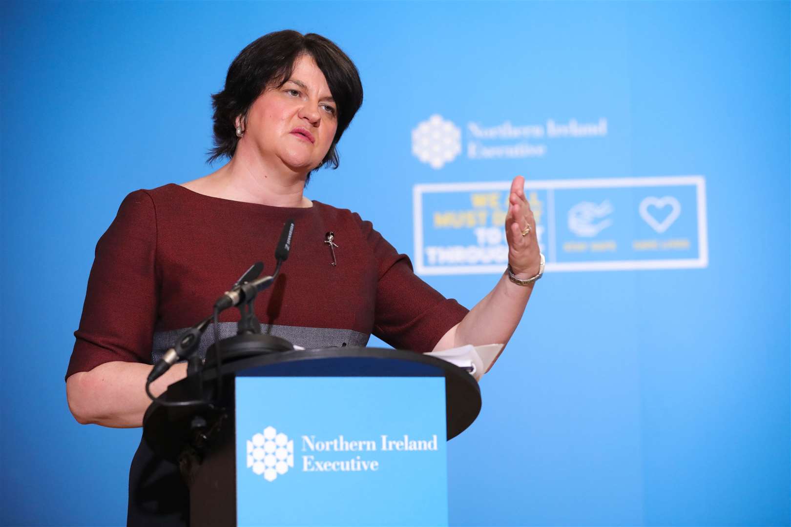 Arlene Foster during the daily media broadcast at Parliament Buildings in Stormont (Kelvin Boyes/Press Eye/PA)